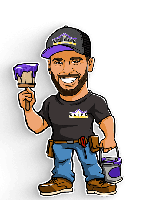 Cartoon man holding a paintbrush with purple paint, wearing "Elite" cap, t-shirt, and tool belt.